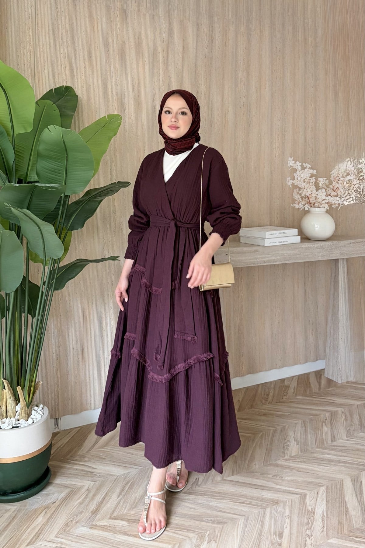 Rima Müslin Elbise Bordo