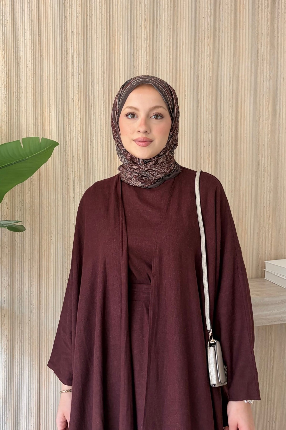 Rose Keten Abaya Takım Bordo
