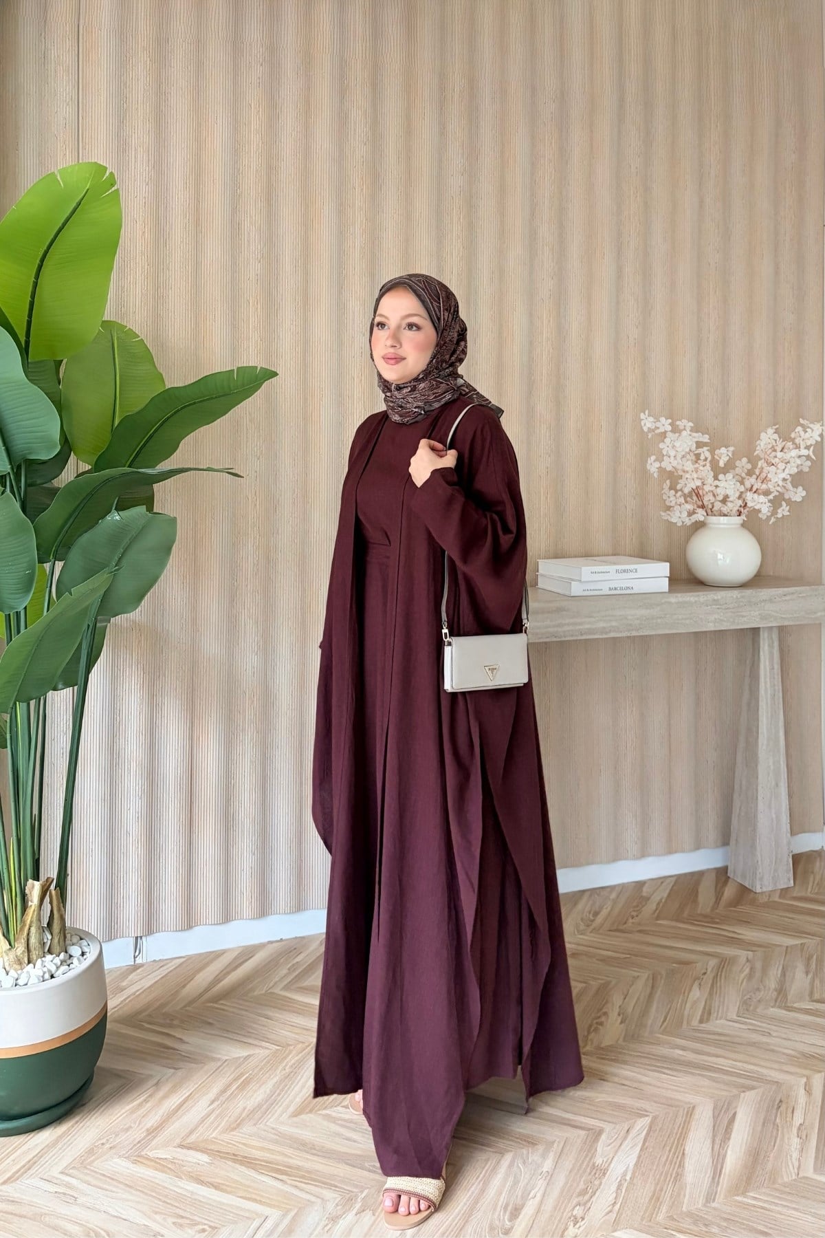 Rose Keten Abaya Takım Bordo