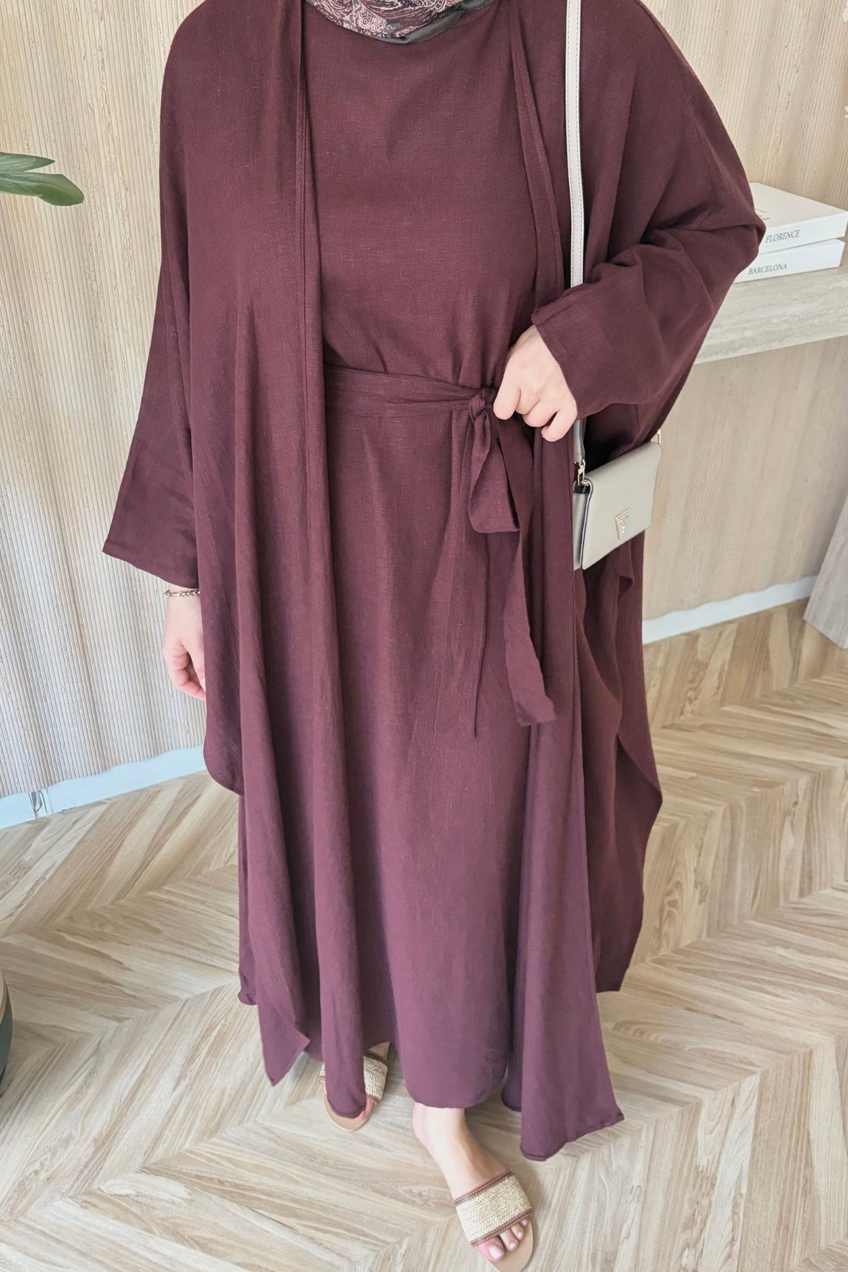 Rose Keten Abaya Takım Bordo