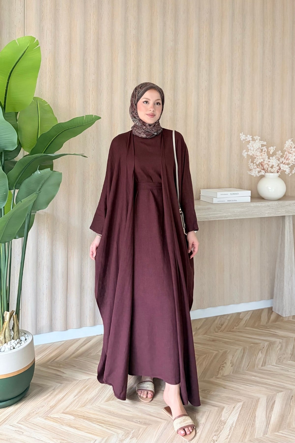 Rose Keten Abaya Takım Bordo
