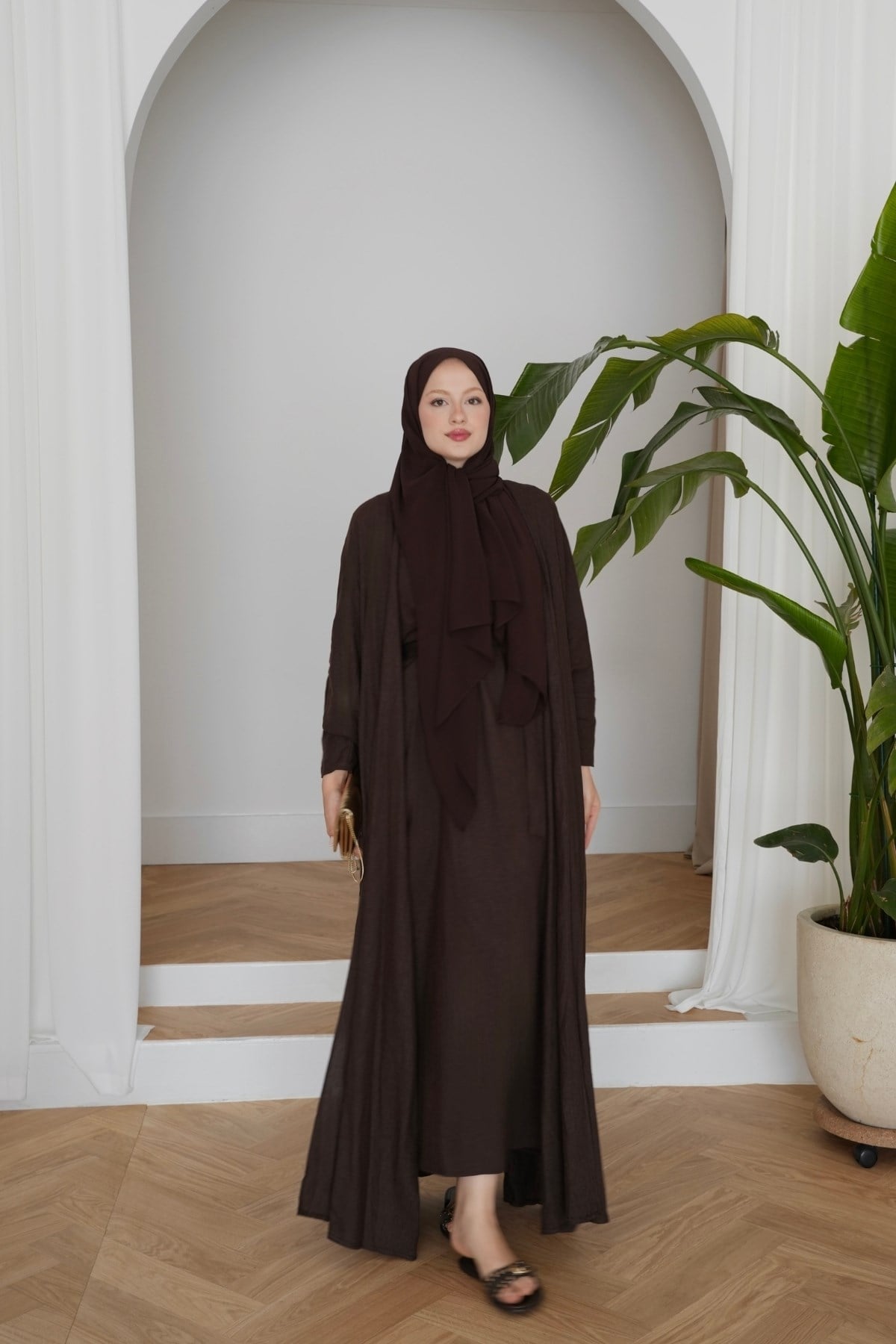 Rose Keten Abaya Takım Kahve