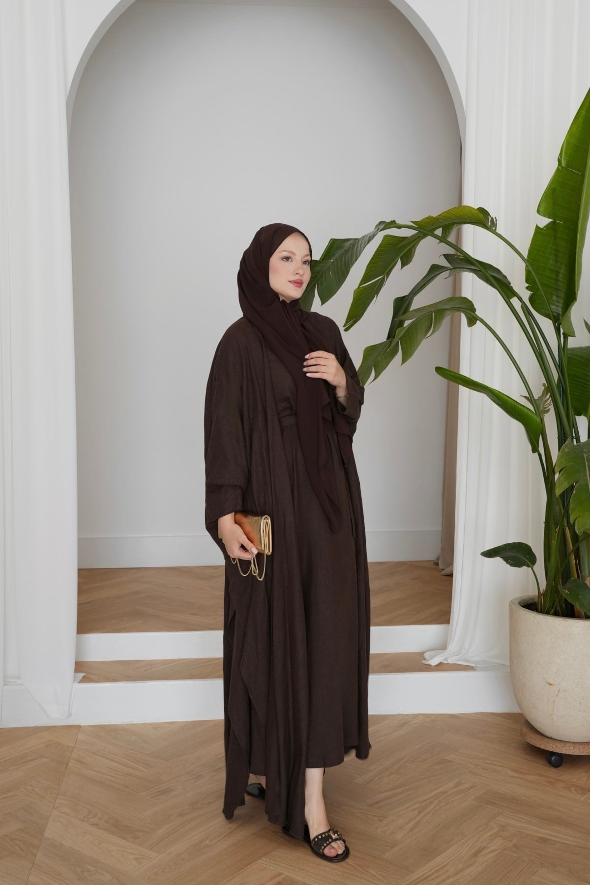 Rose Keten Abaya Takım Kahve
