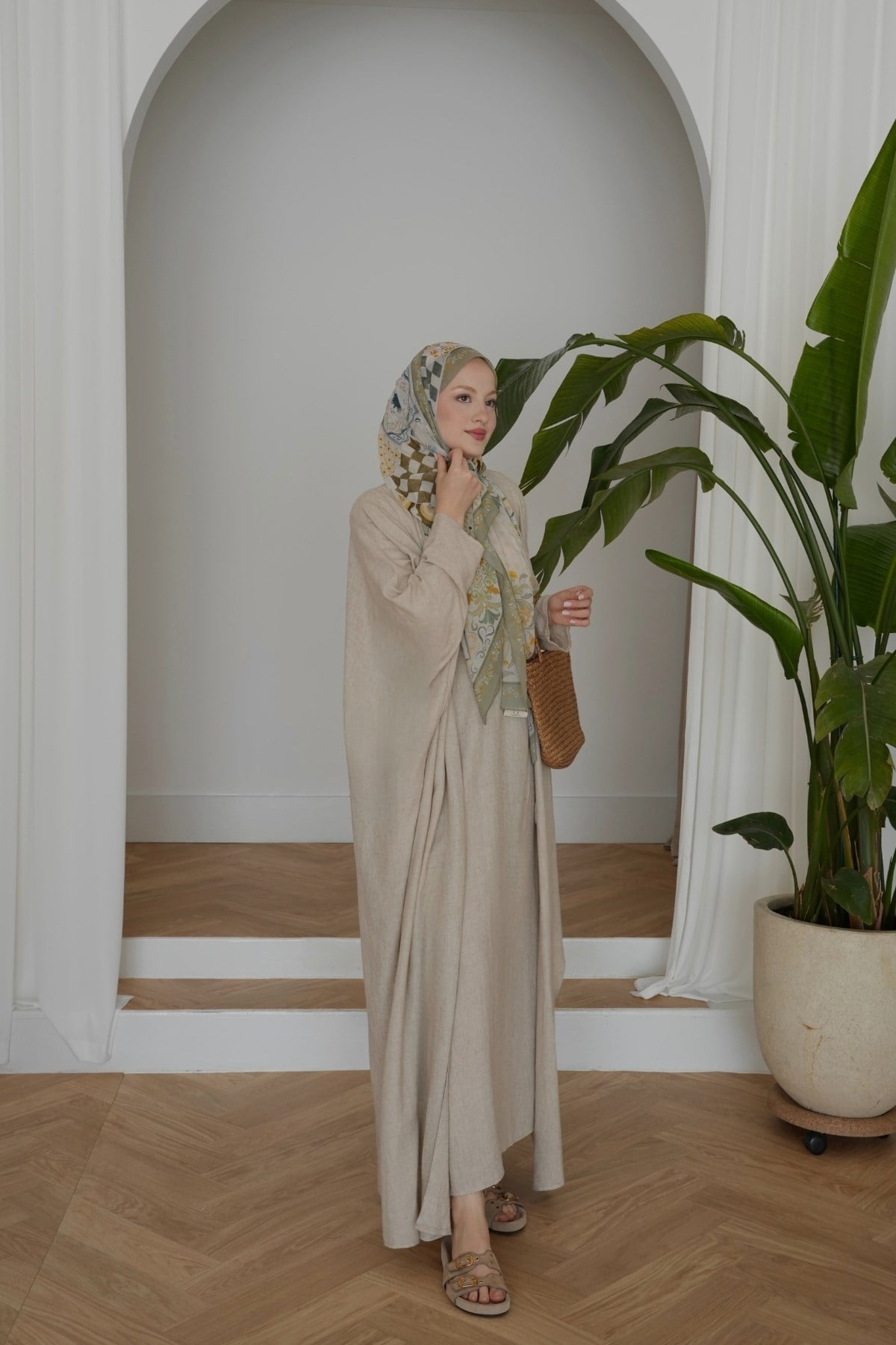 Rose Keten Abaya Takım Taş Rengi