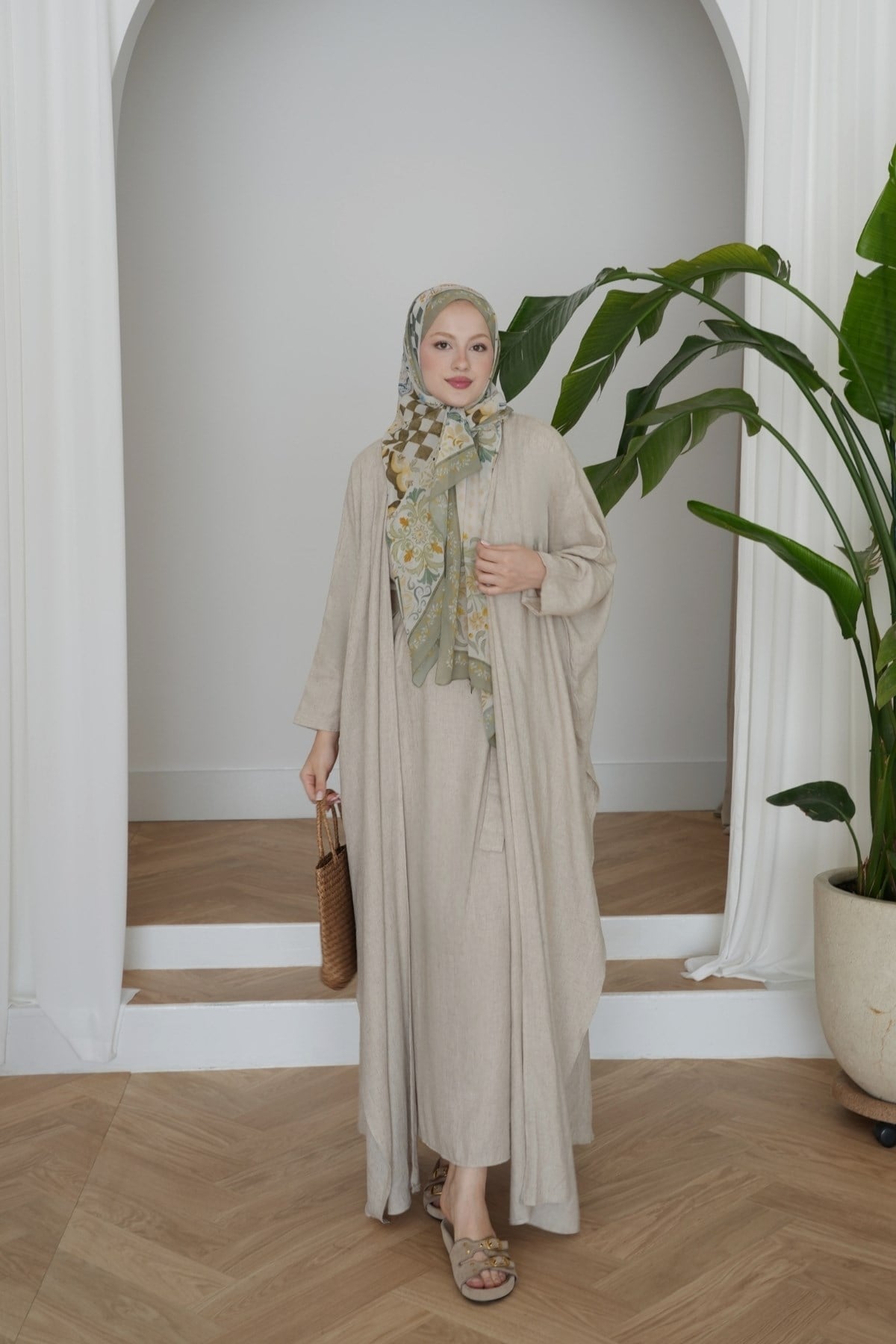 Rose Keten Abaya Takım Taş Rengi