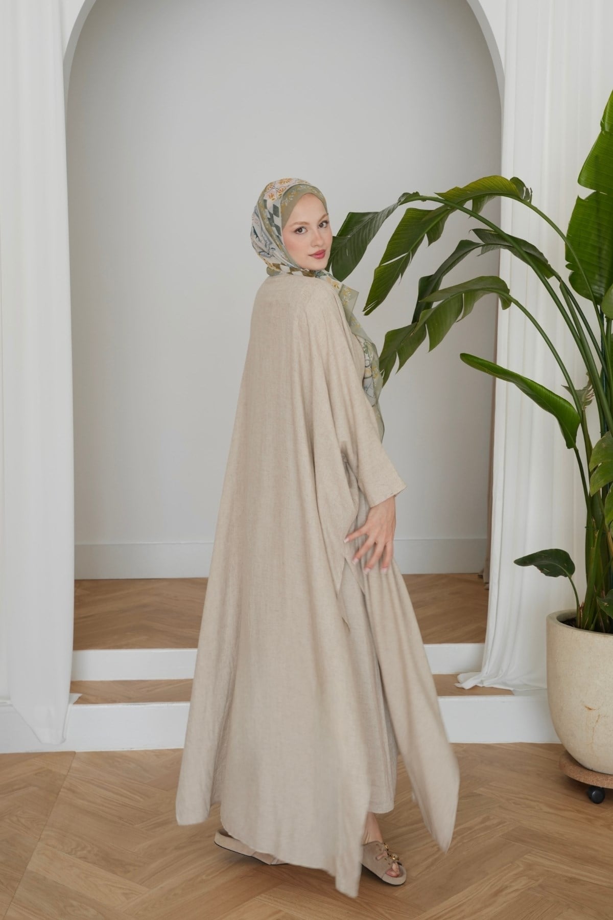 Rose Keten Abaya Takım Taş Rengi