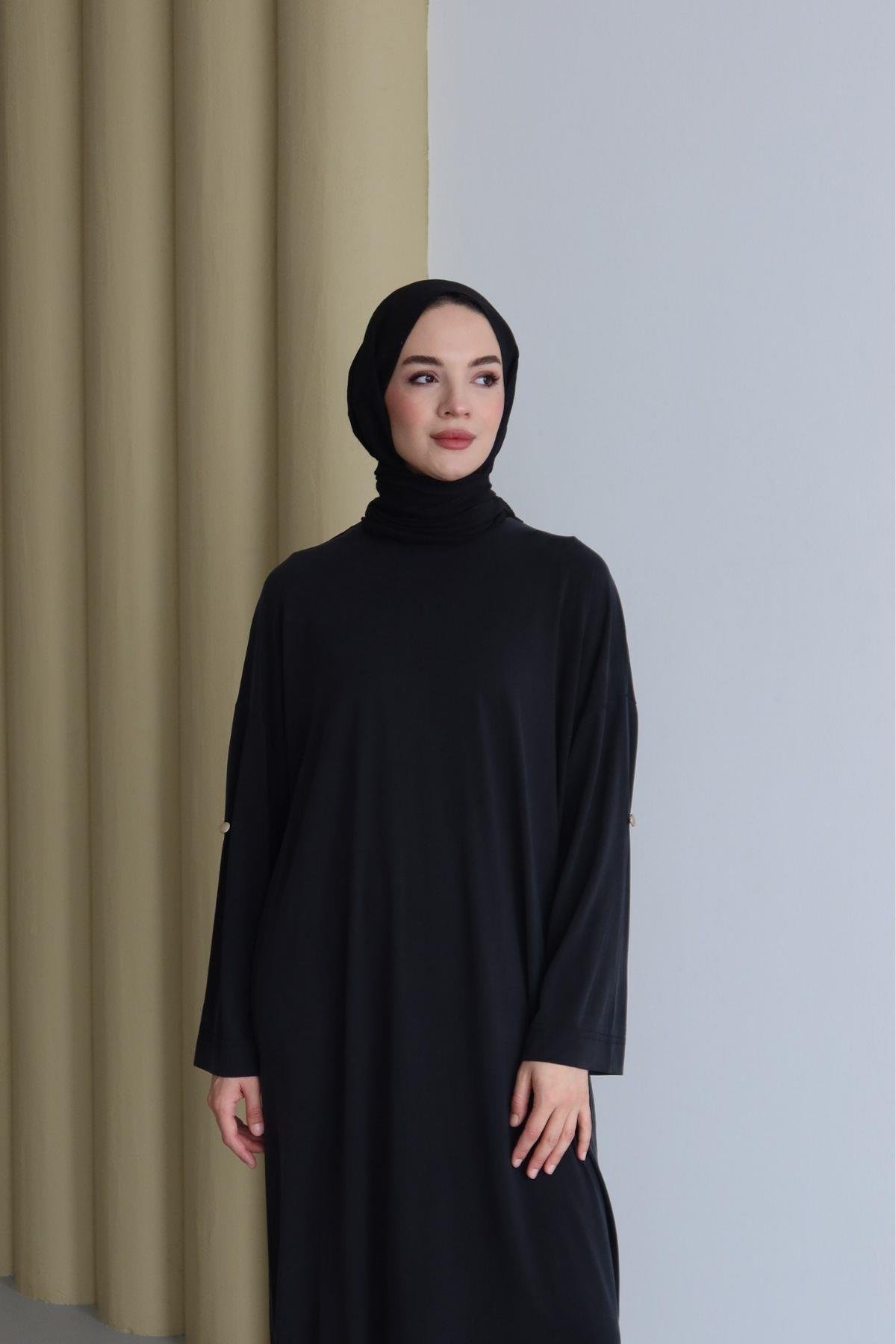 Sera Dökümlü Basic Elbise Siyah