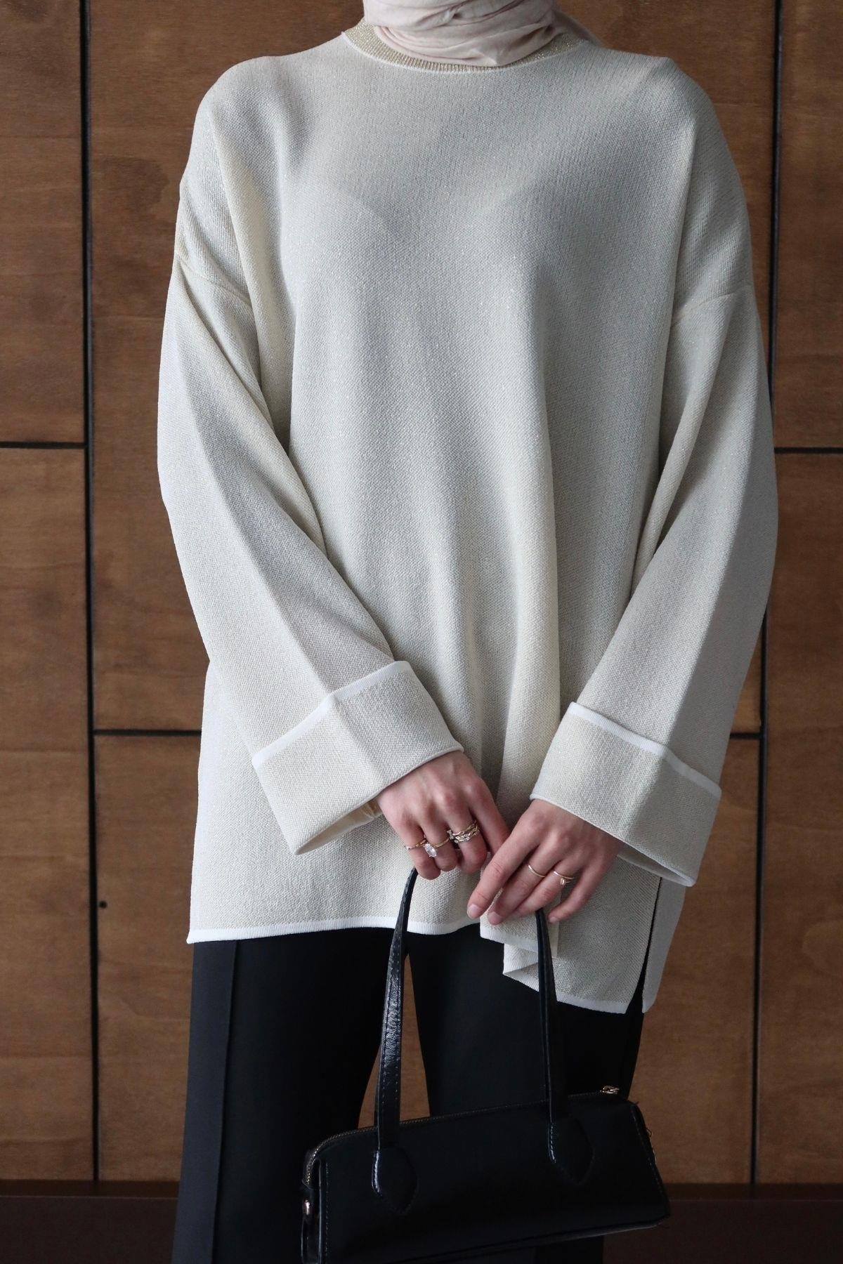 Simli Basic Triko Tunik Ekru