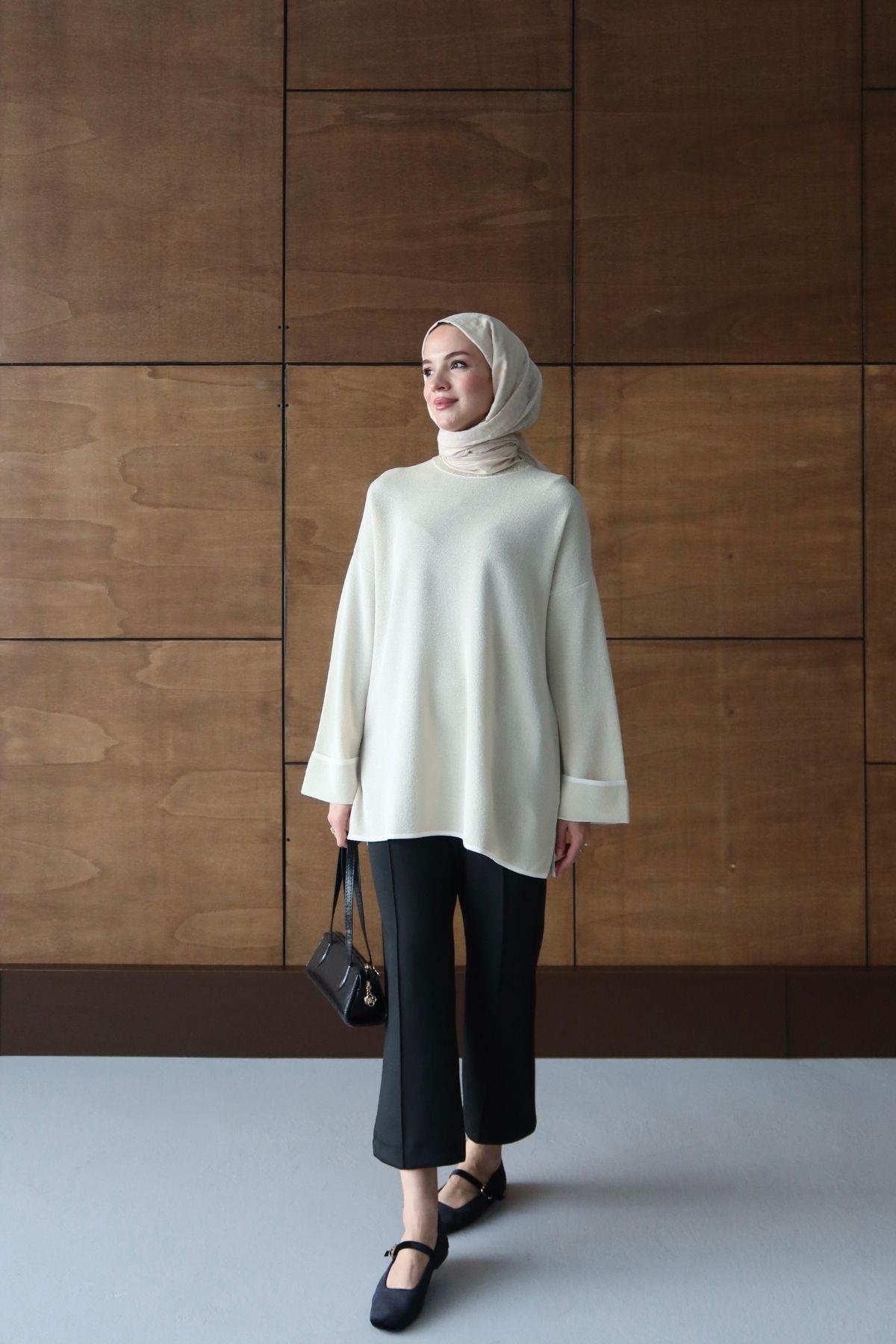 Simli Basic Triko Tunik Ekru