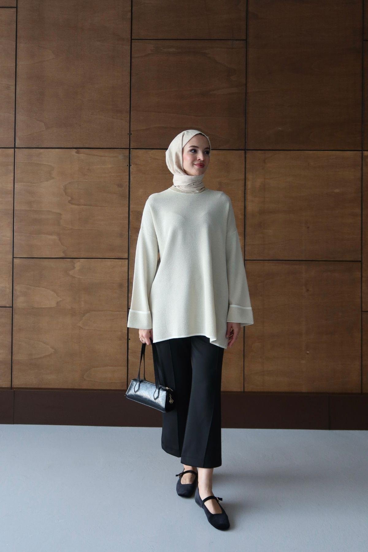 Simli Basic Triko Tunik Ekru