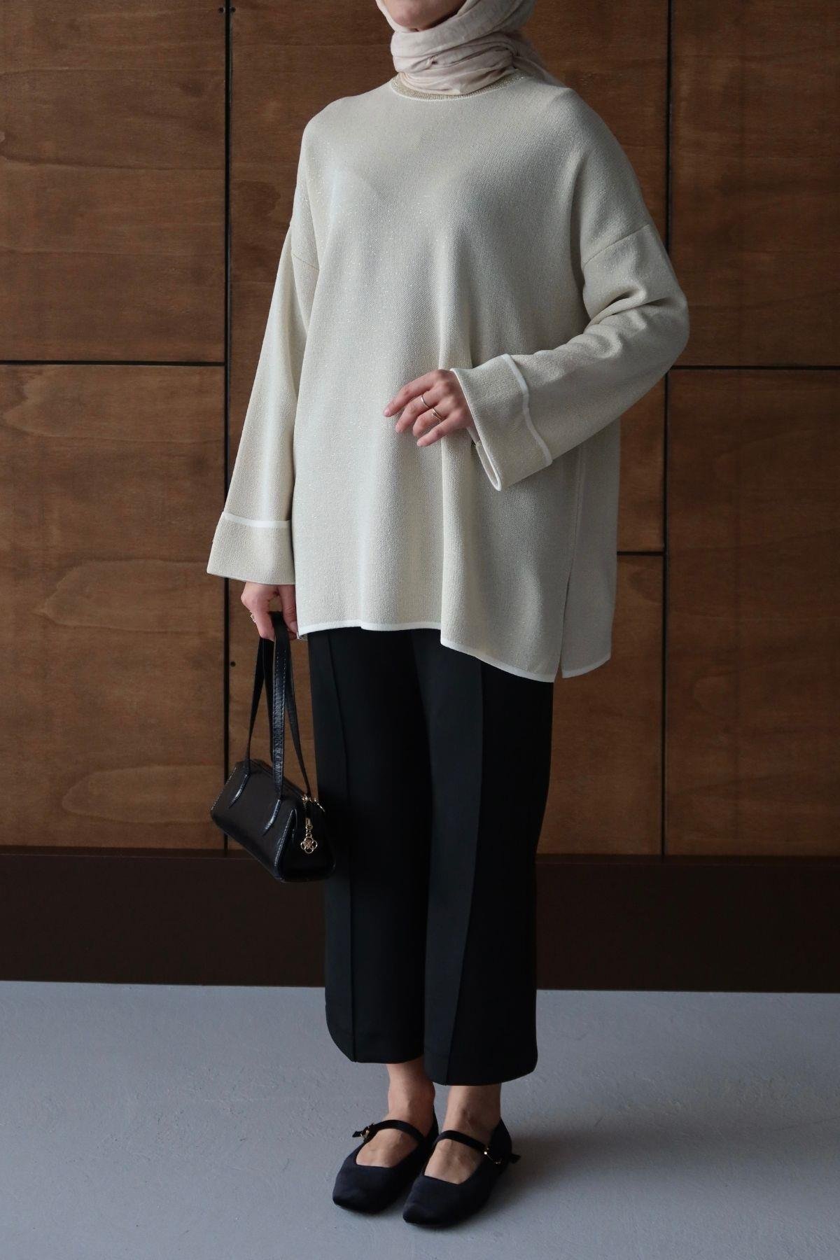 Simli Basic Triko Tunik Ekru