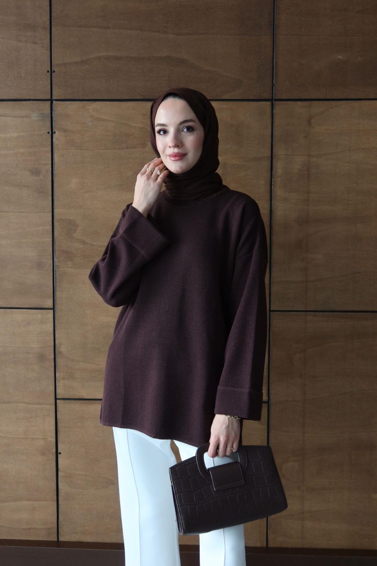 Simli Basic Triko Tunik Kahverengi