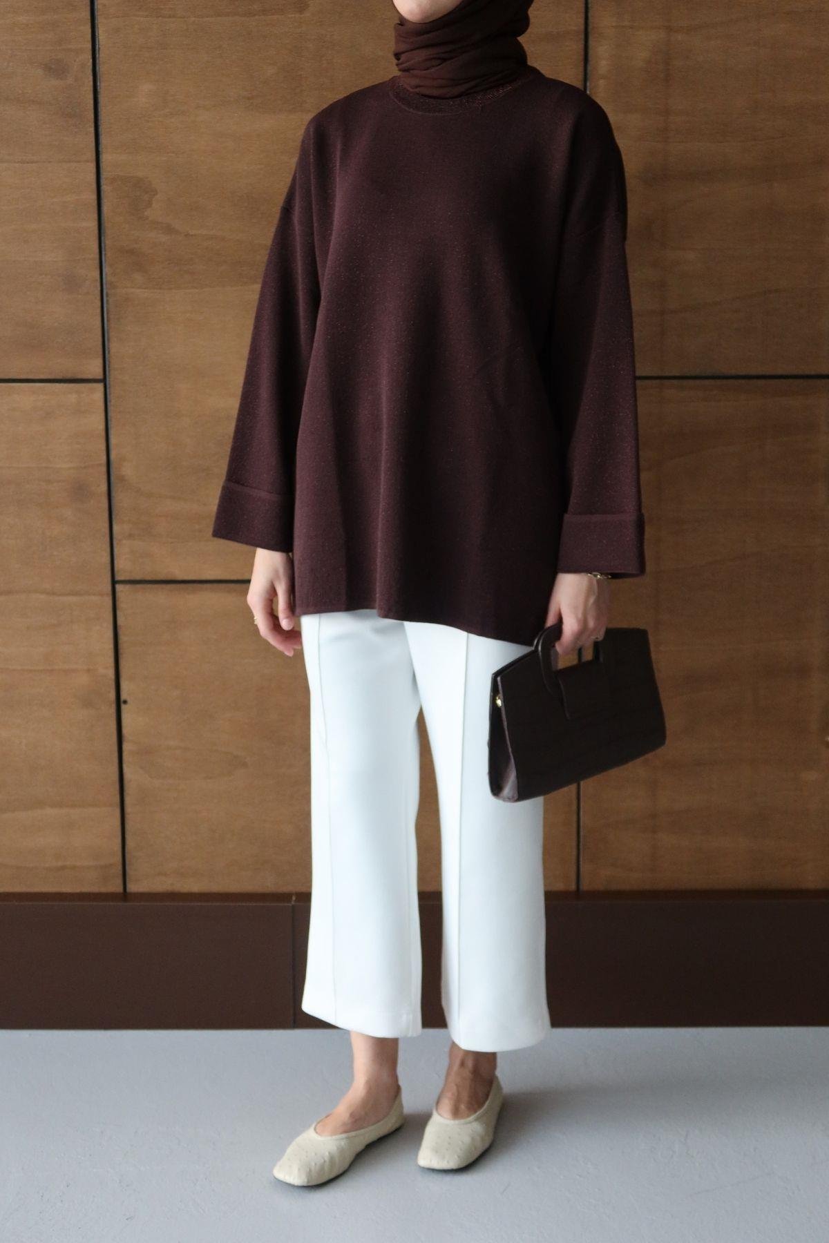 Simli Basic Triko Tunik Kahverengi
