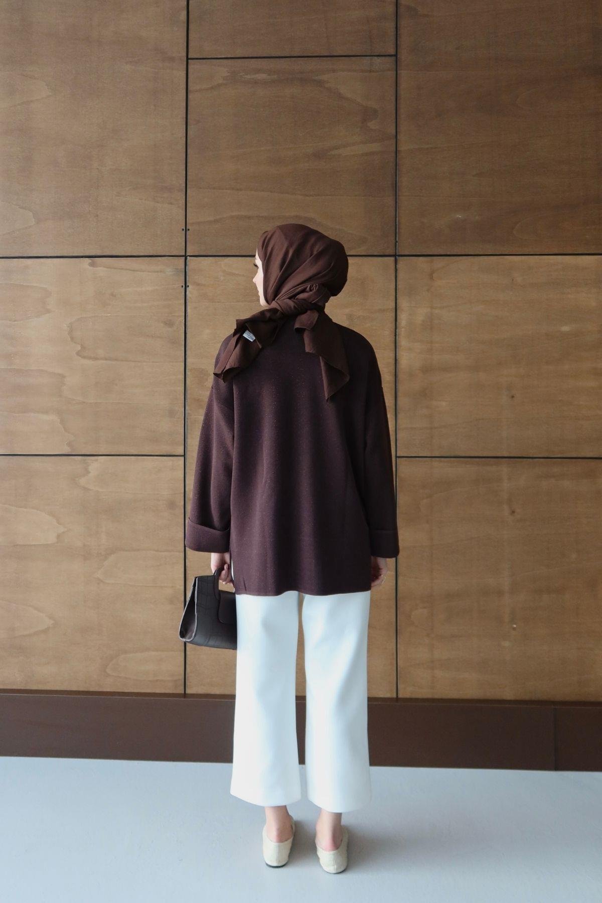 Simli Basic Triko Tunik Kahverengi