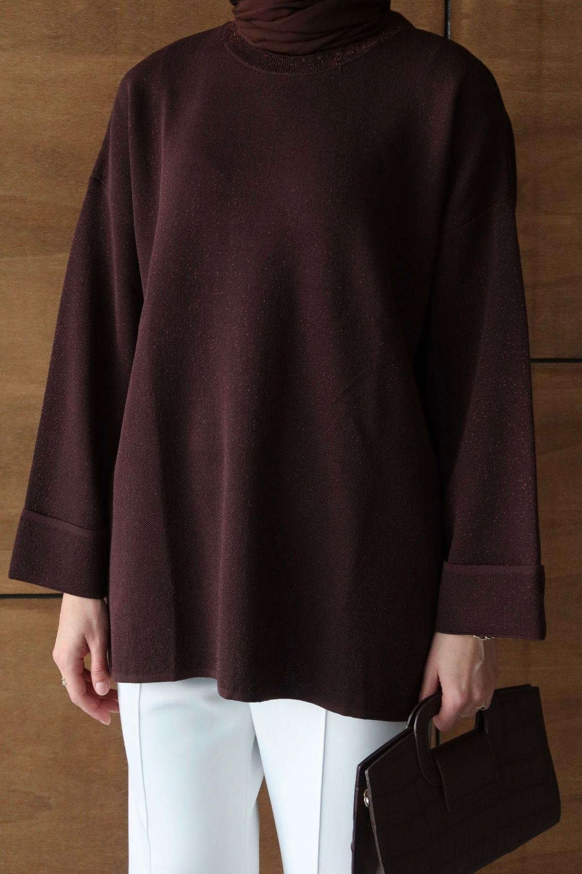 Simli Basic Triko Tunik Kahverengi