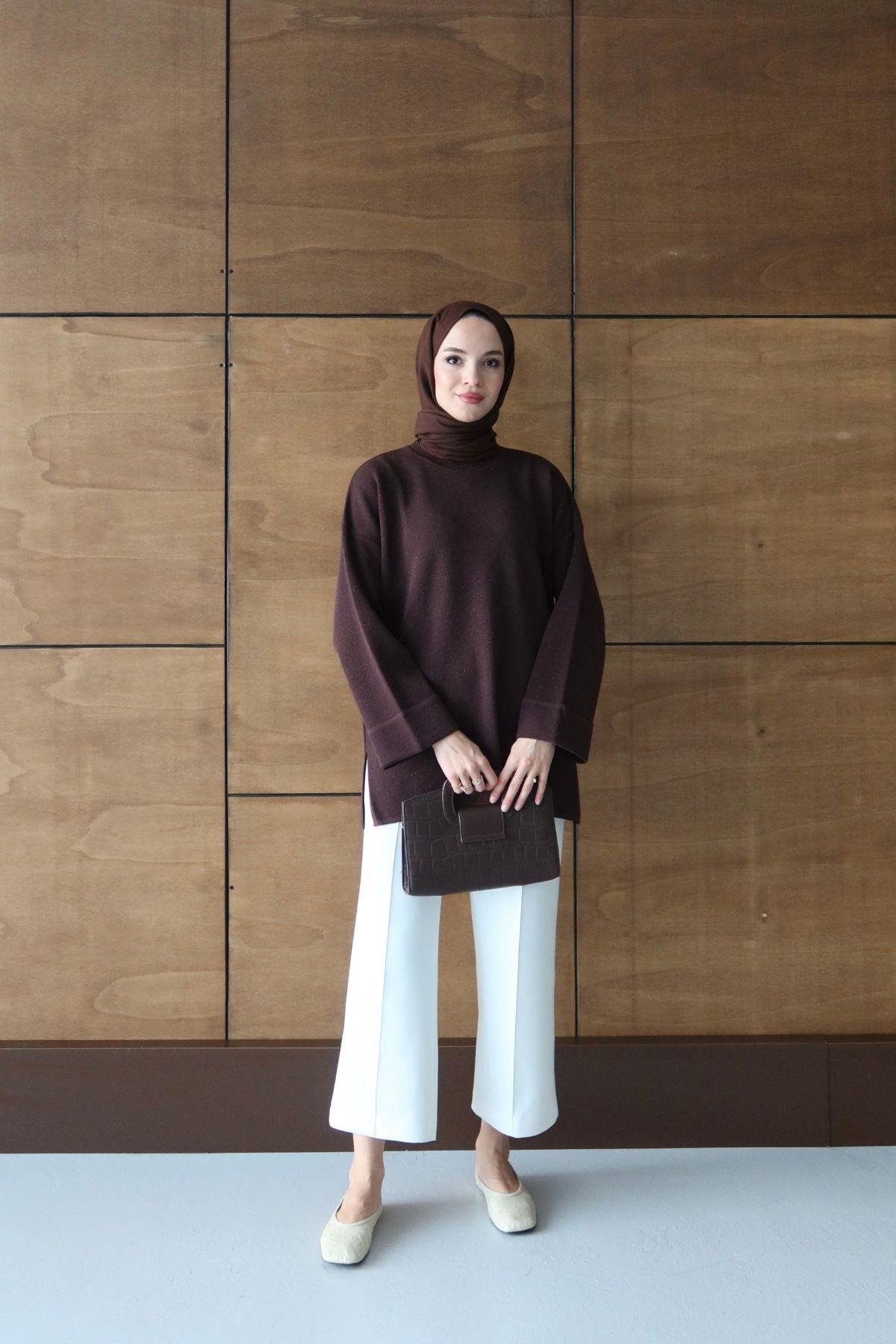 Simli Basic Triko Tunik Kahverengi