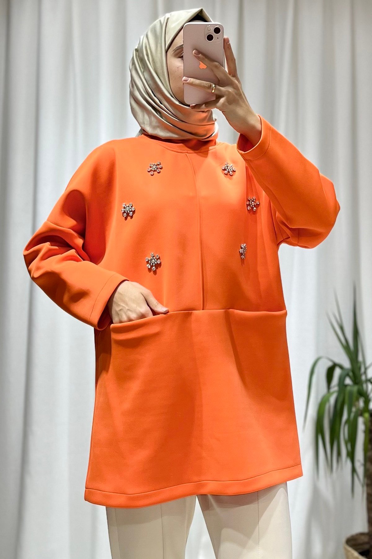 Taş Detaylı Oranj Scuba Tunik