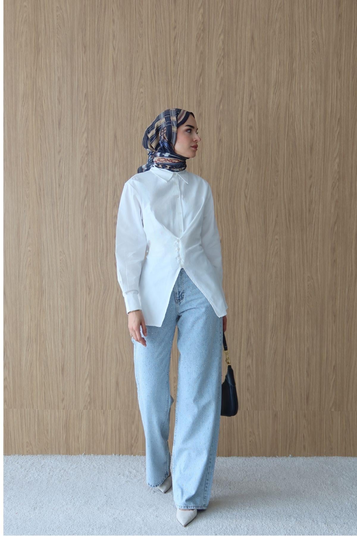 Taşlı Denim Pantolon Buz Mavisi