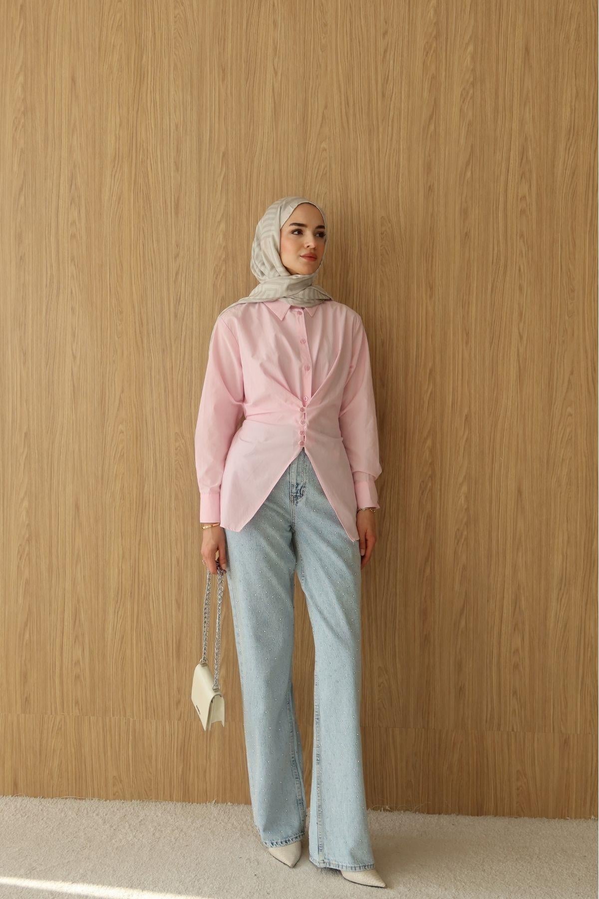 Taşlı Denim Pantolon Buz Mavisi