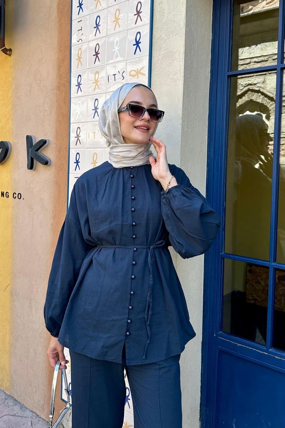 Tina Düğmeli Keten Takım Lacivert