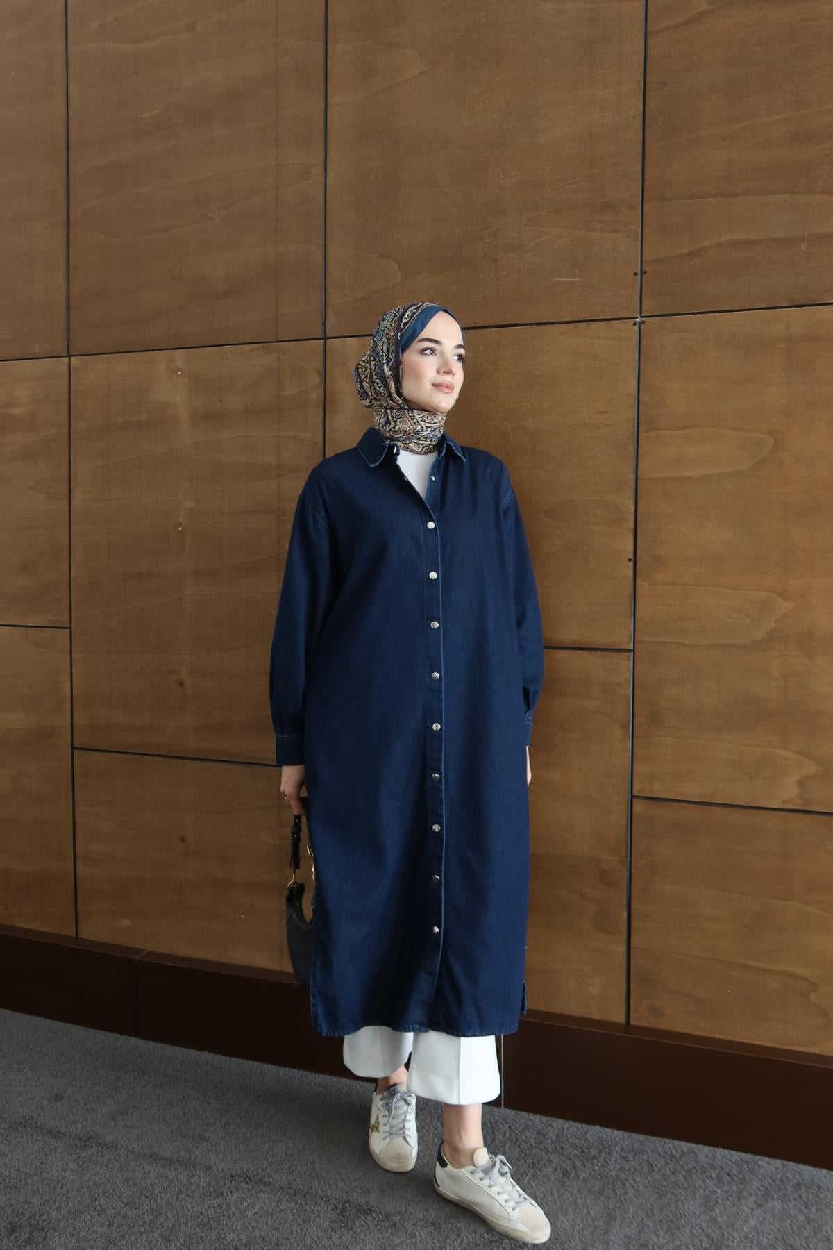 Uzun Denim Gömlek Lacivert