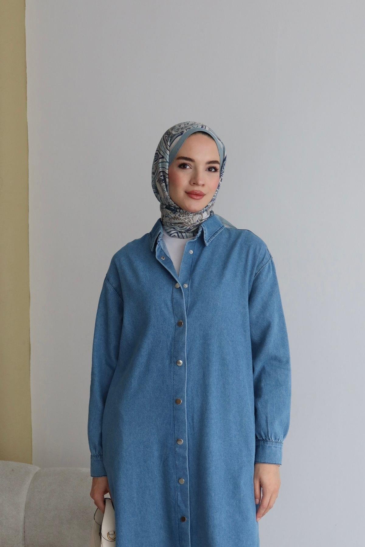 Uzun Denim Gömlek Mavi