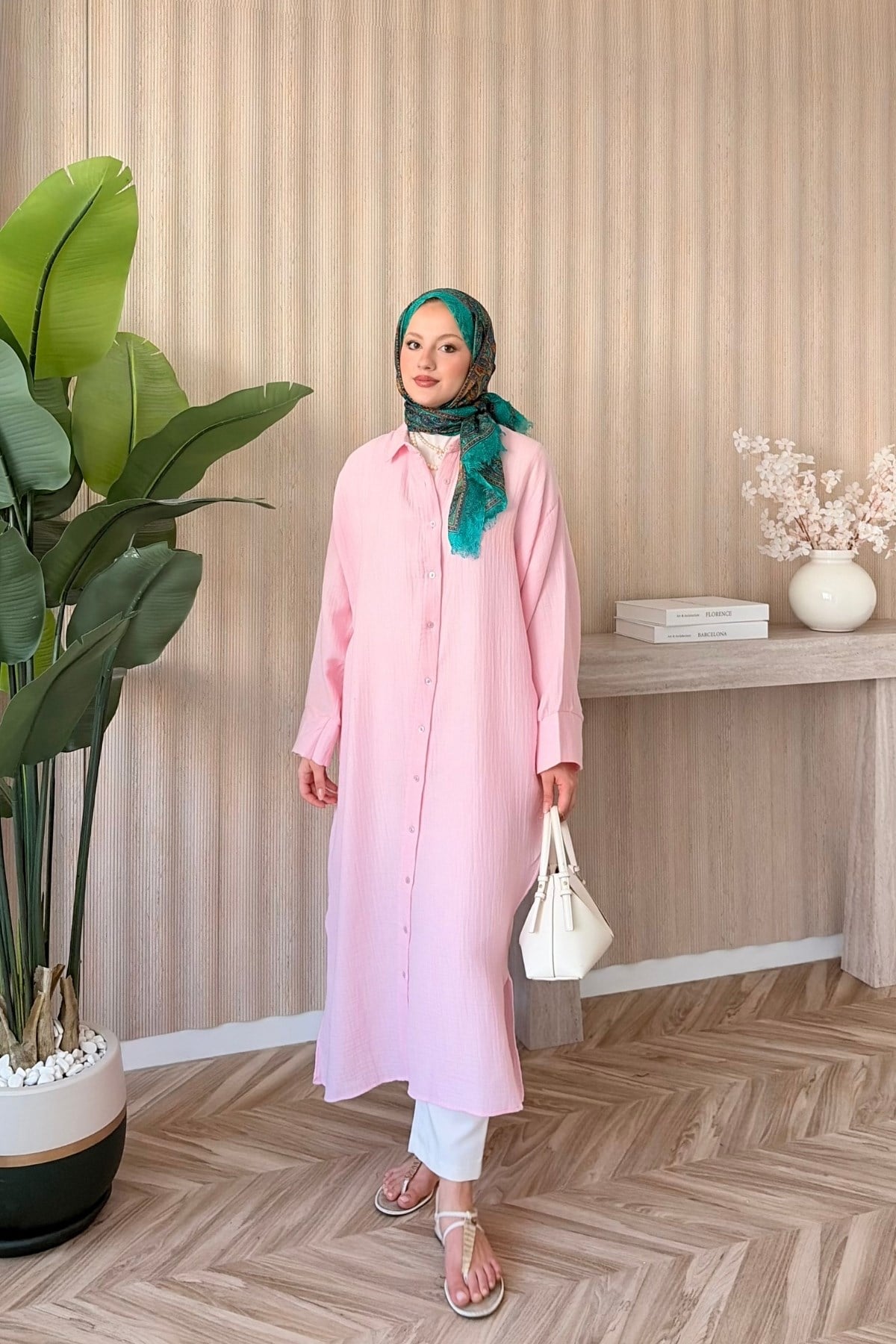 Uzun Müslin Gömlek Pembe