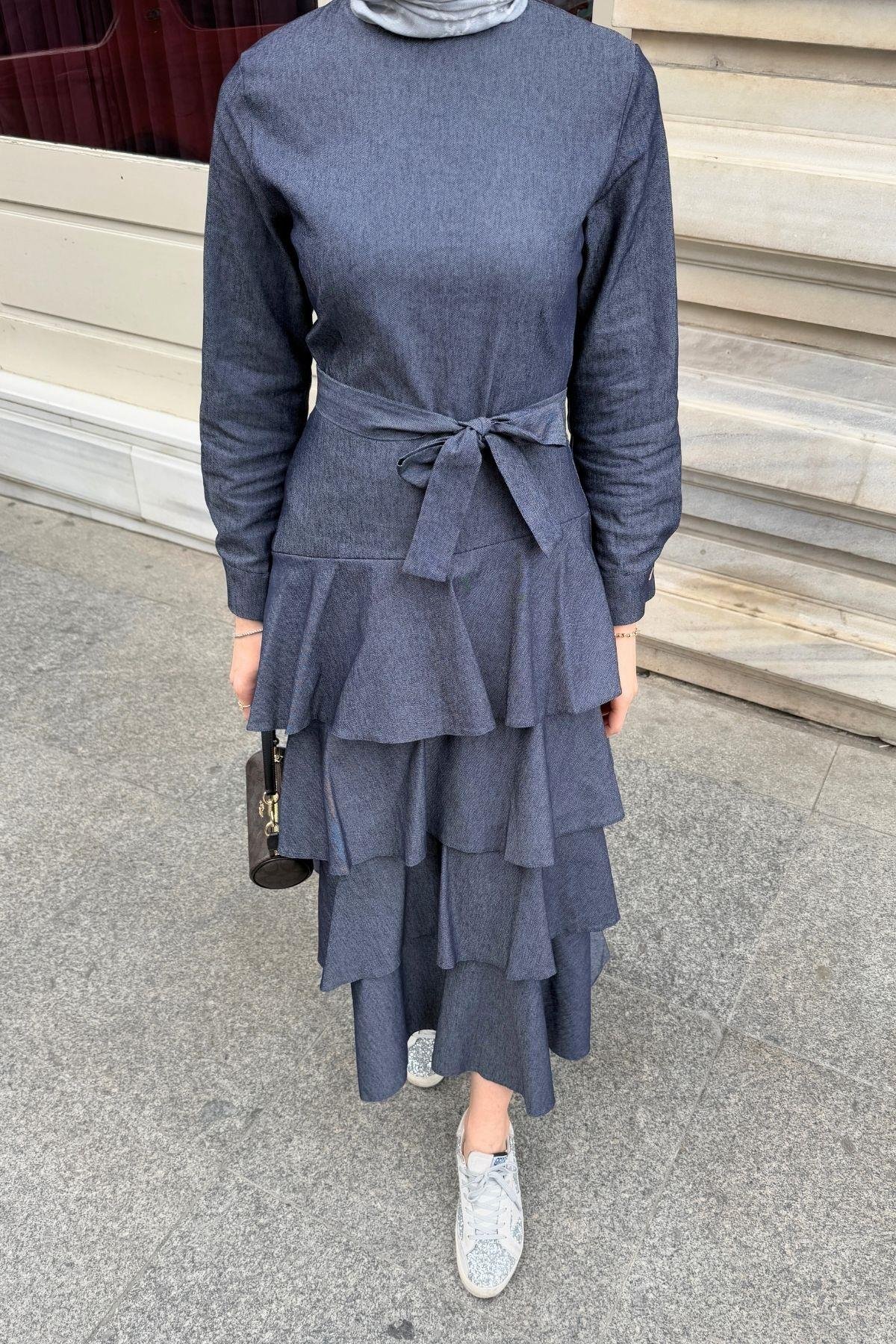 Volanlı Denim Elbise