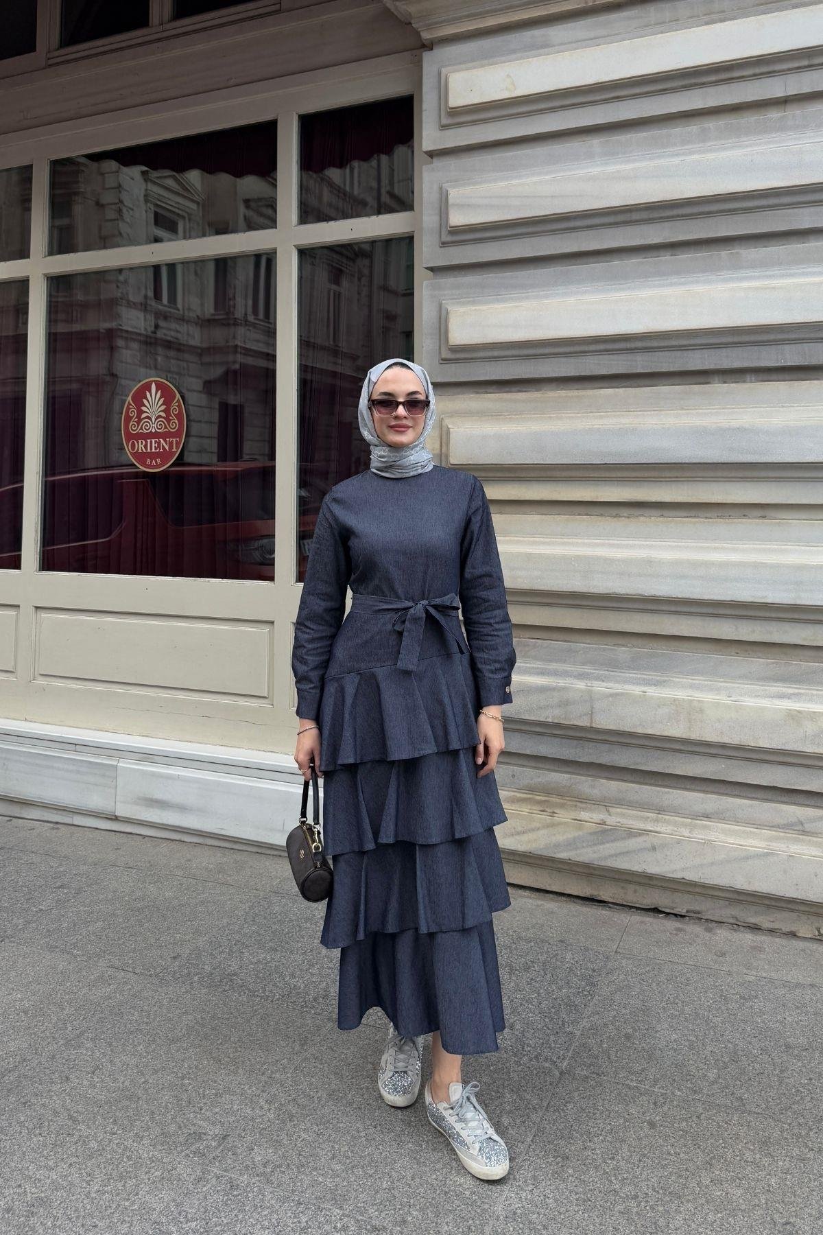 Volanlı Denim Elbise