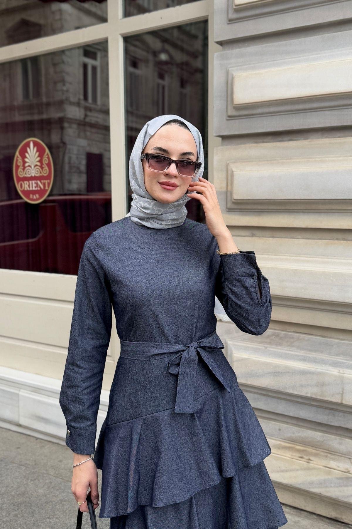 Volanlı Denim Elbise