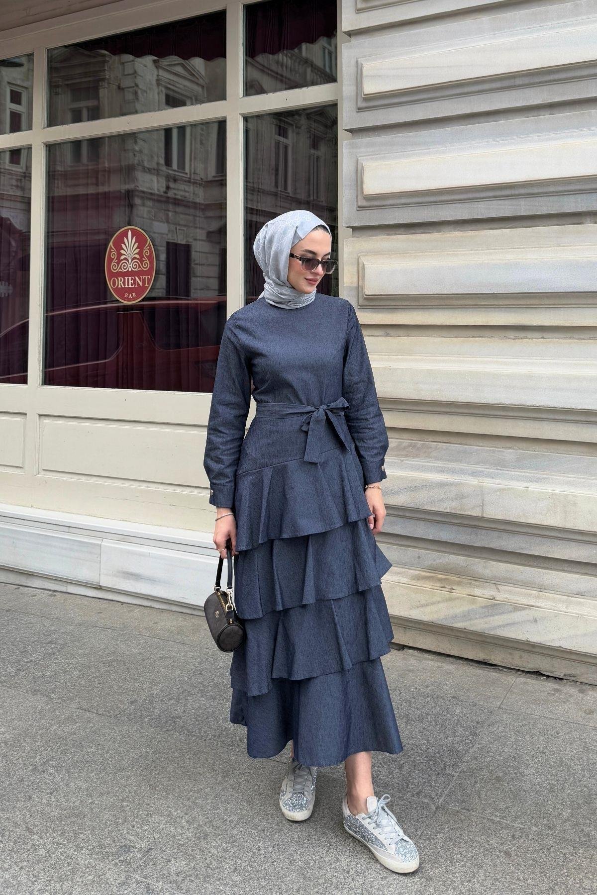 Volanlı Denim Elbise