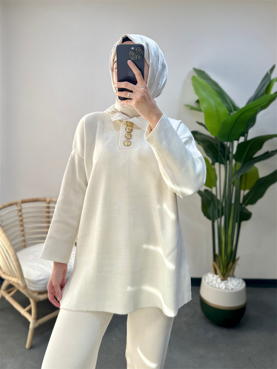Yakası Düğmeli Triko Tunik Ekru