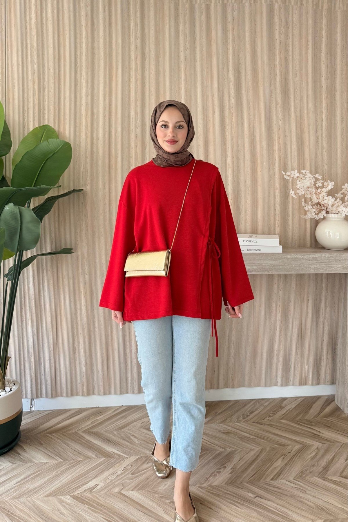 Yandan Bağlamalı Basic Bluz Kırmızı