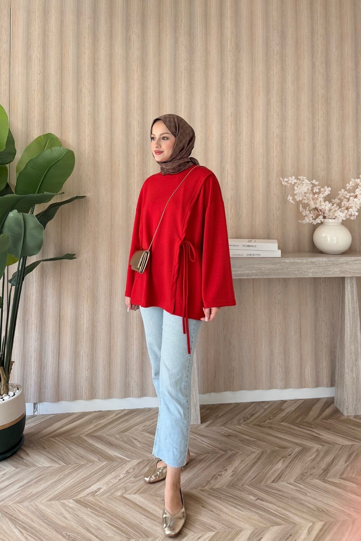 Yandan Bağlamalı Basic Bluz Kırmızı