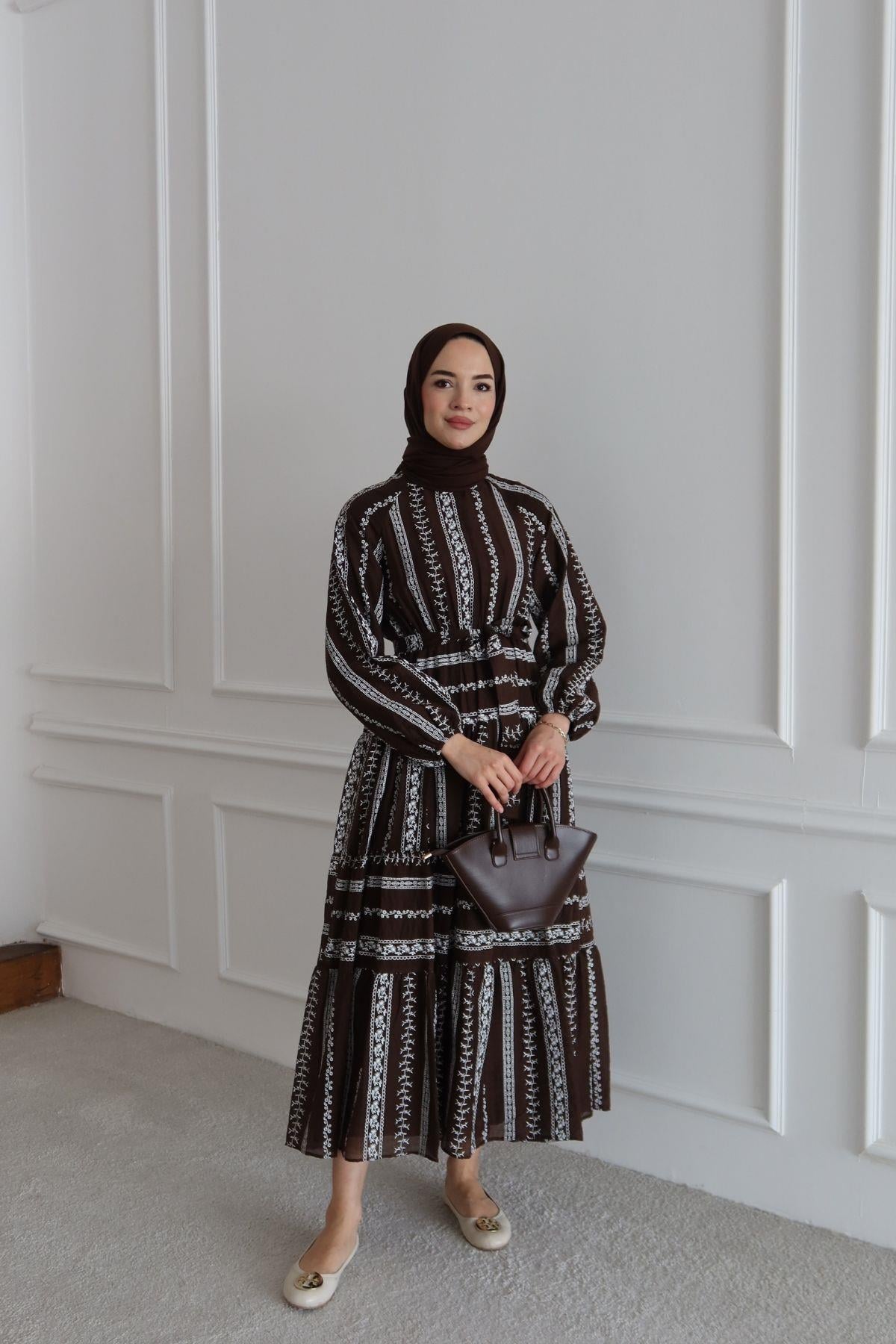 Yasmen Desenli Elbise Kahve