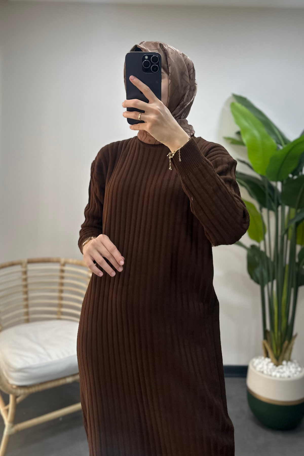 Zincir Detaylı Basic Triko Elbise Kahverengi