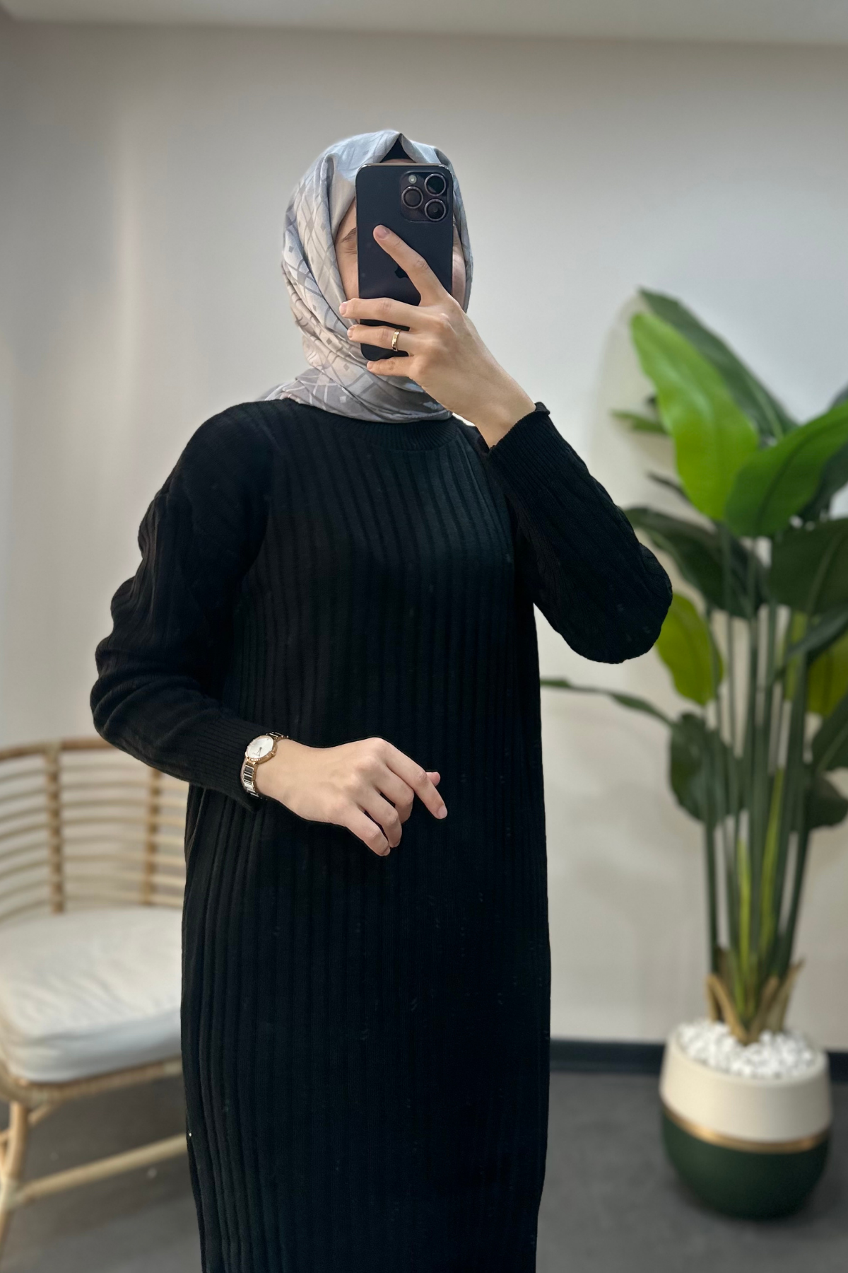 Zincir Detaylı Basic Triko Elbise Siyah