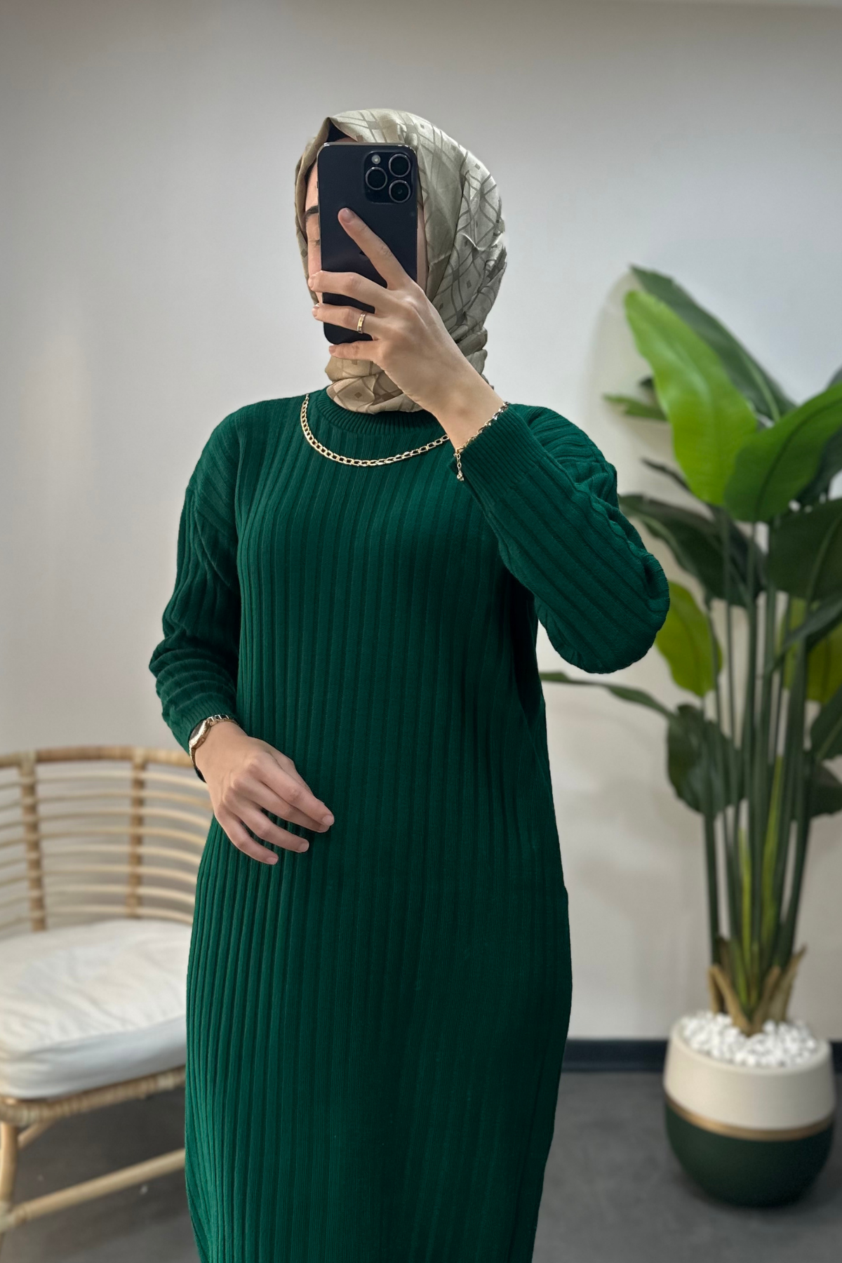 Zincir Detaylı Basic Triko Elbise Yeşil