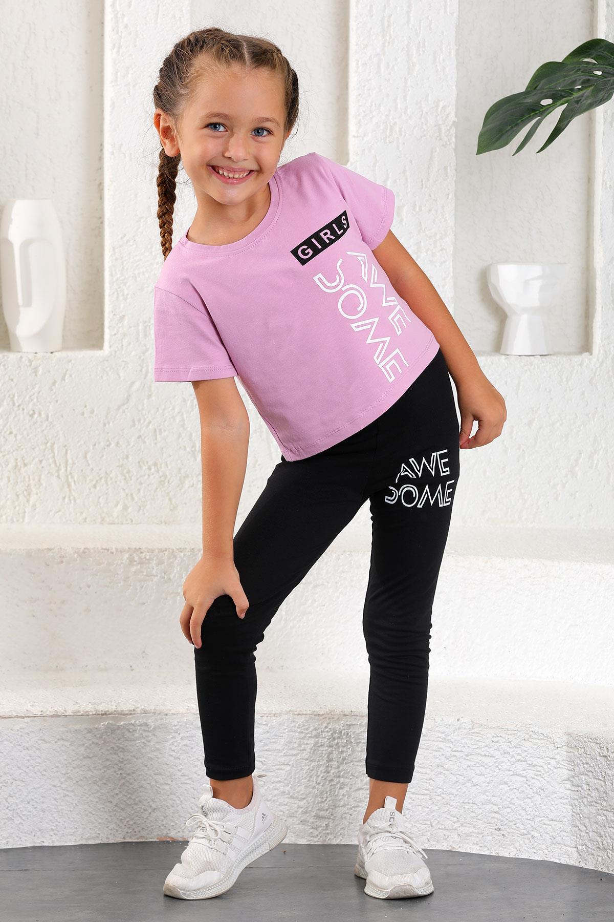 6211124-7211124 Kız Cocuk 5-12 Yas Awe Some Baskılı Taytlı Takım