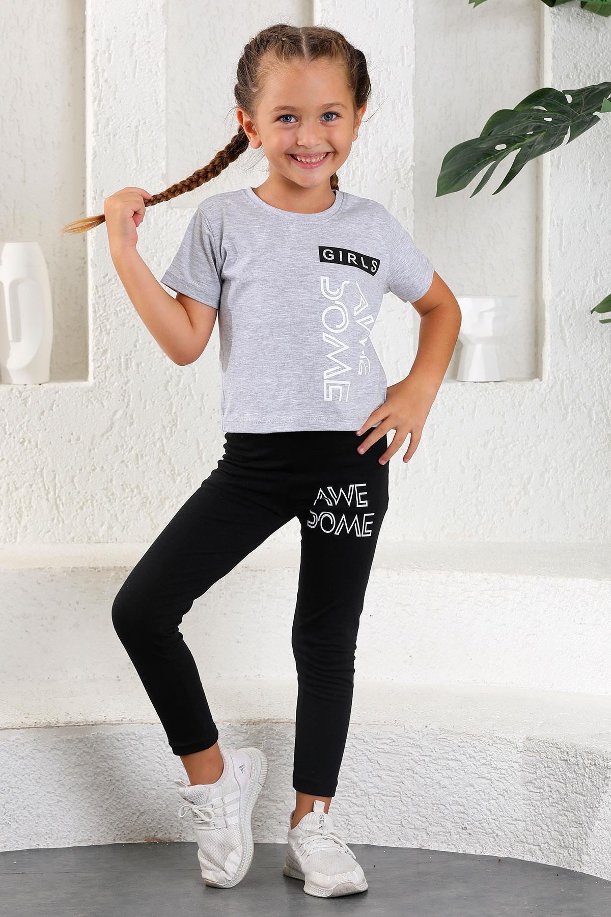 6211124-7211124 Kız Cocuk 5-12 Yas Awe Some Baskılı Taytlı Takım