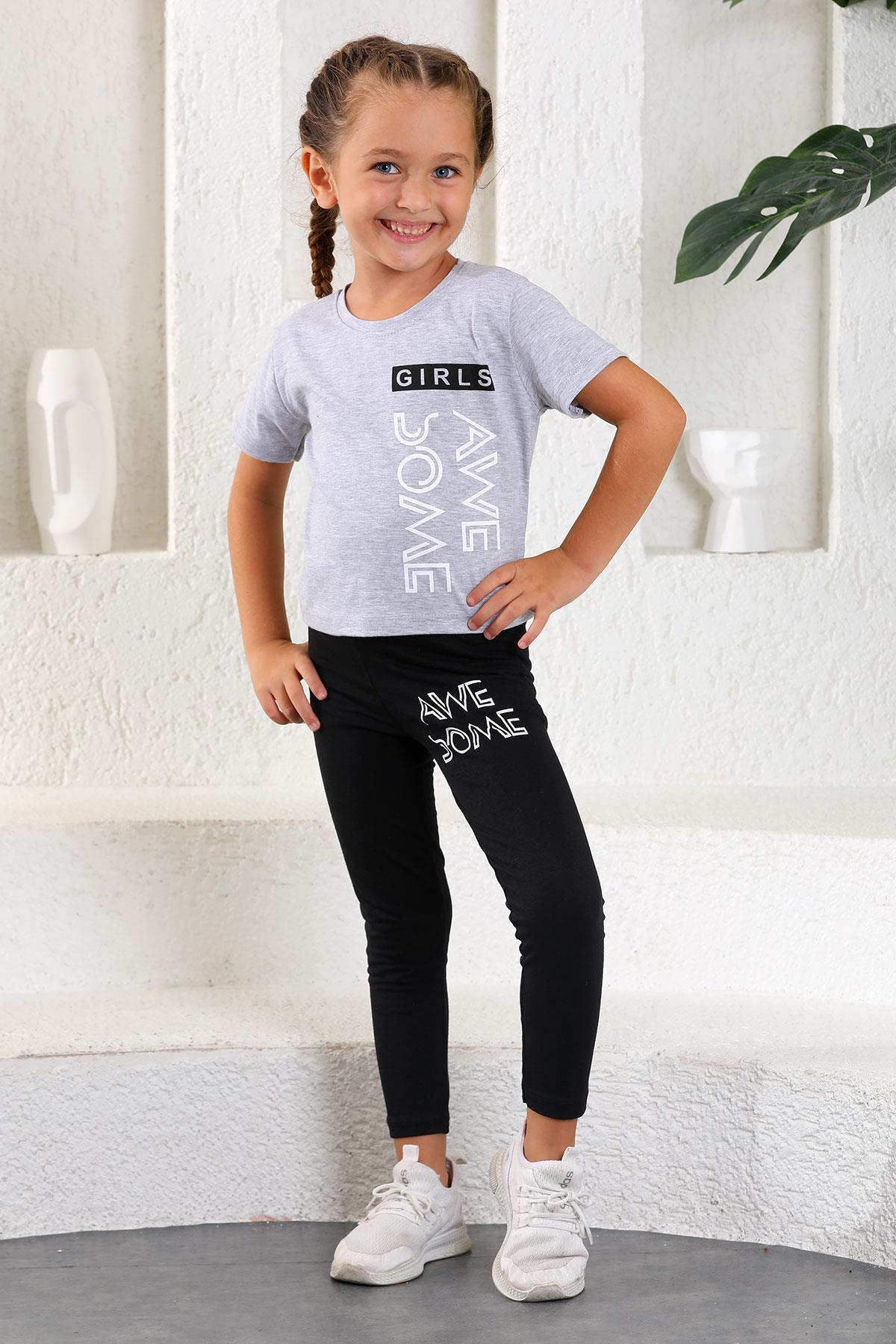 6211124-7211124 Kız Cocuk 5-12 Yas Awe Some Baskılı Taytlı Takım