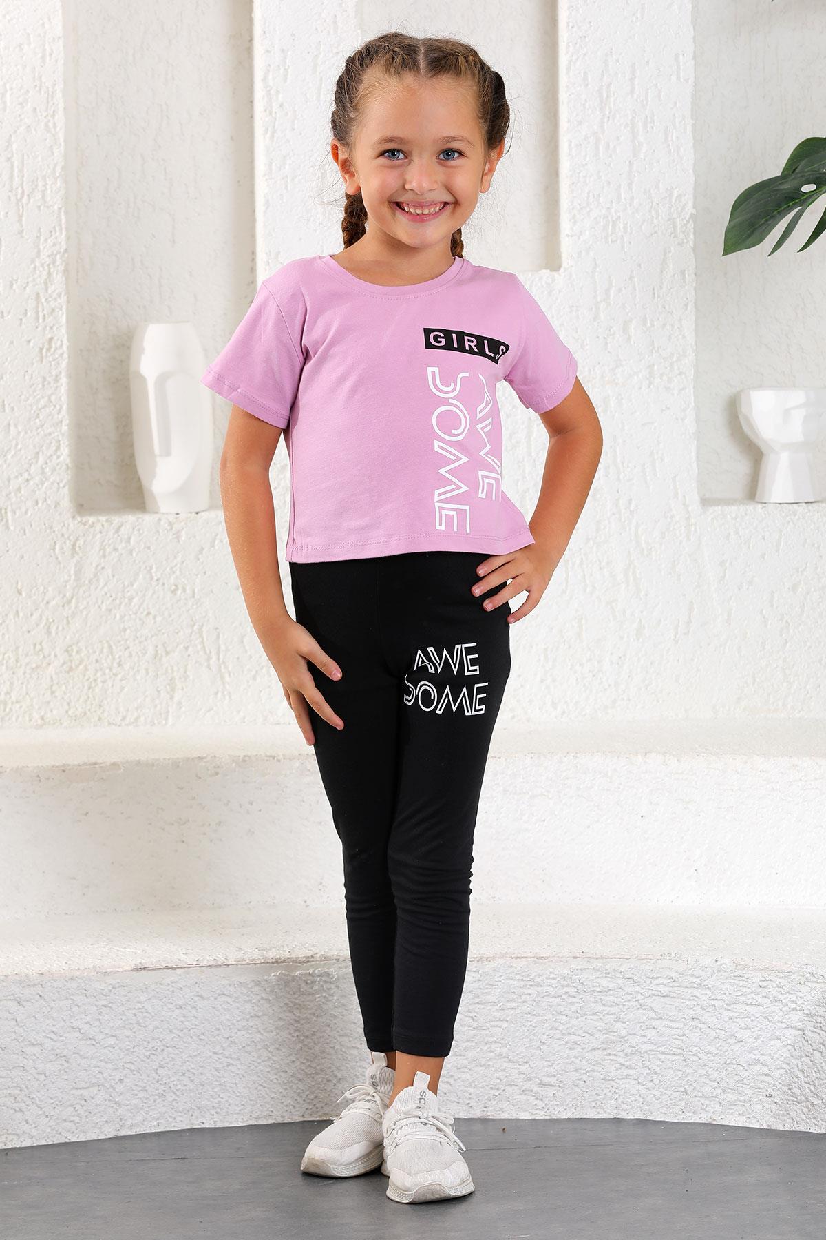 6211124-7211124 Kız Cocuk 5-12 Yas Awe Some Baskılı Taytlı Takım