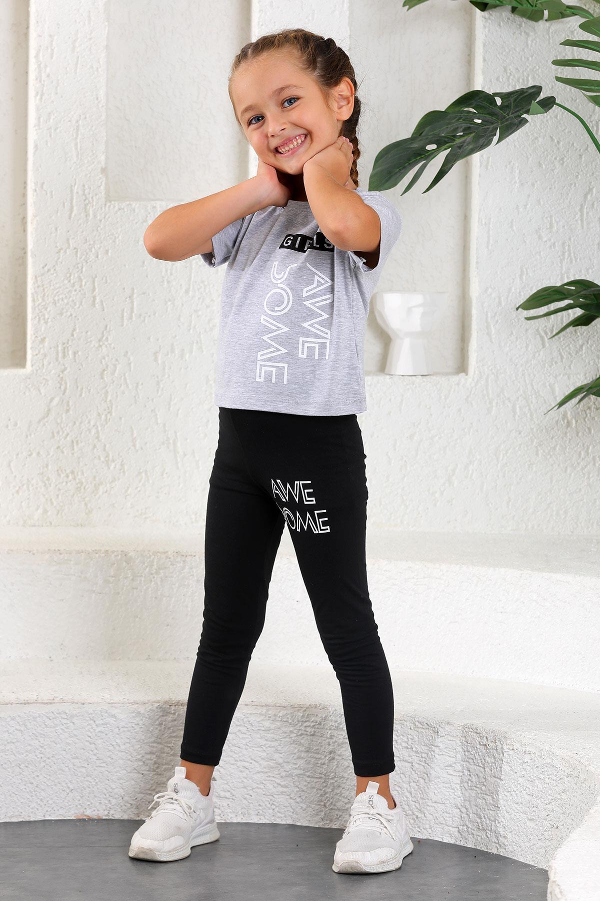 6211124-7211124 Kız Cocuk 5-12 Yas Awe Some Baskılı Taytlı Takım