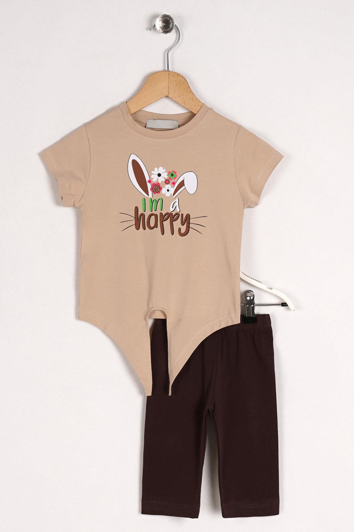 Acar 522180 Kız Cocuk 2-5  Yas I am a happy Yazı Baskılı Tavsan Kulaklı Taytlı Takım