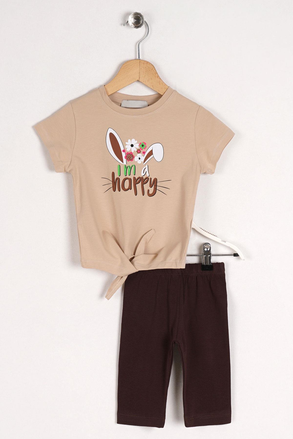 Acar 522180 Kız Cocuk 2-5  Yas I am a happy Yazı Baskılı Tavsan Kulaklı Taytlı Takım