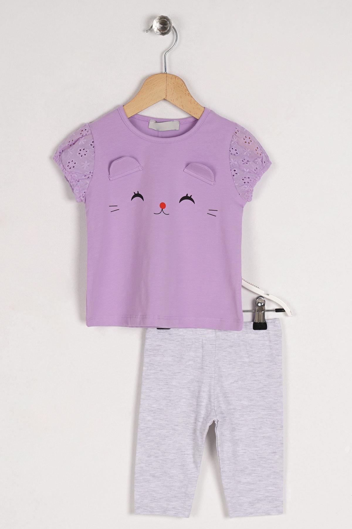 Acar 522225 Kız Cocuk 2-5 Yas Kedı Baskılı Kolları Lastıklı Taytlı Takım