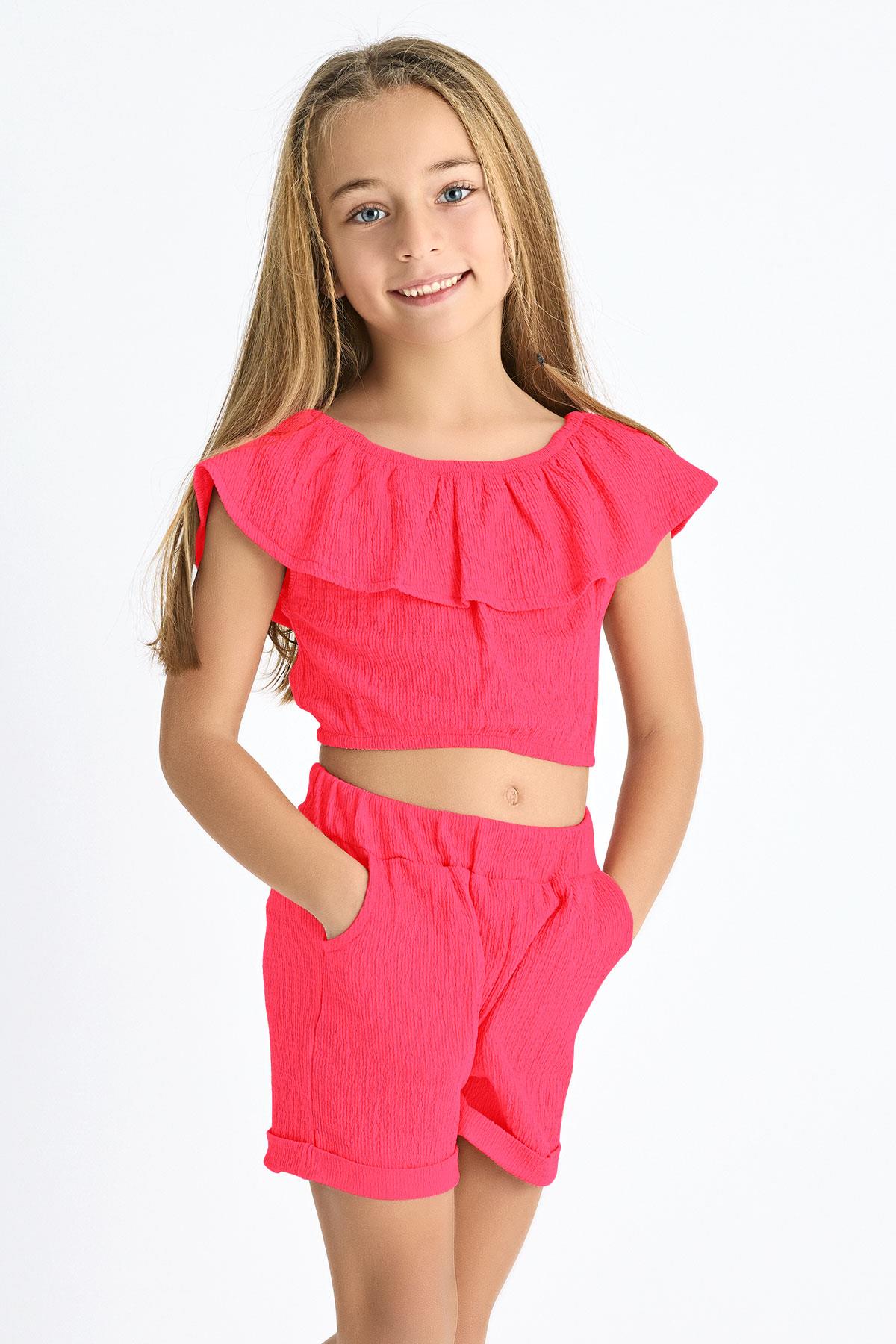 Acar 622172 Kız Cocuk 6-9 Yas Fırfır Kollu  Belı Lastıklı Cep Detaylı Sortlu Takım