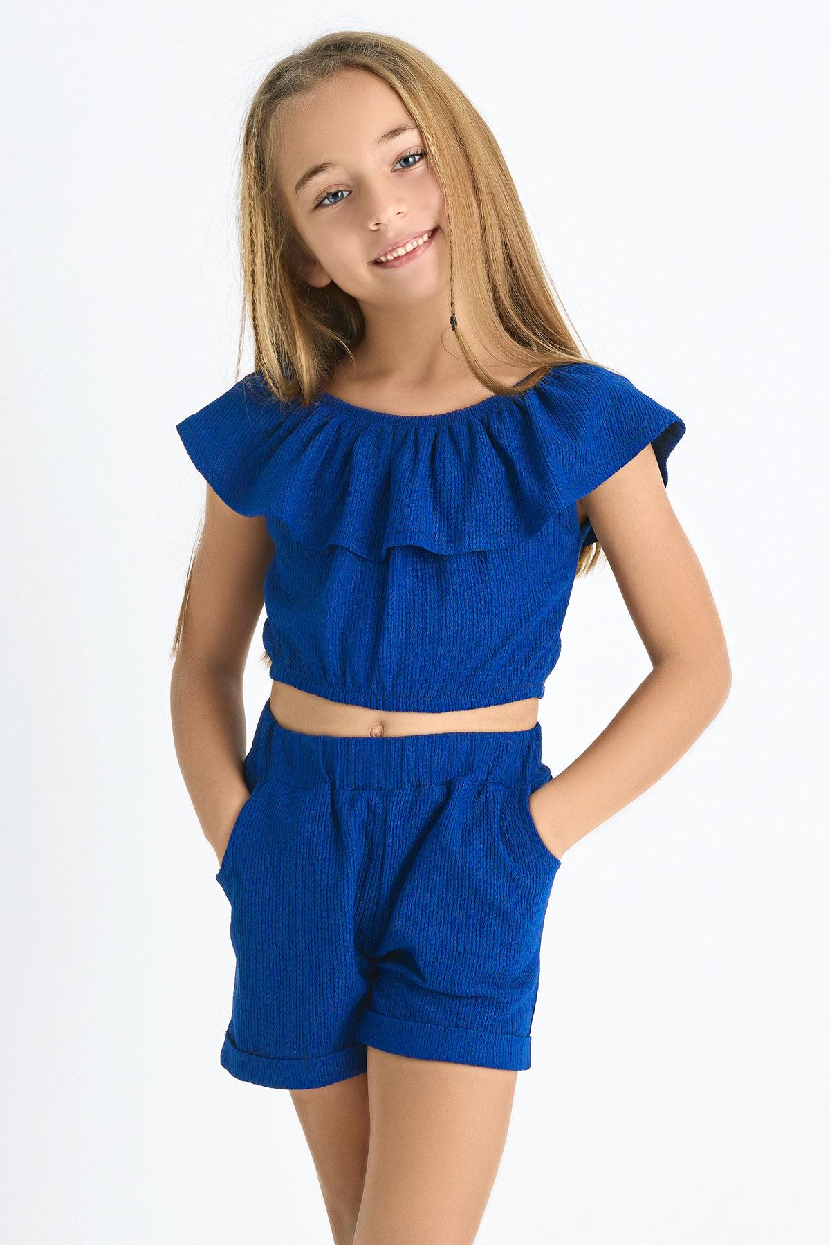 Acar 622172 Kız Cocuk 6-9 Yas Fırfır Kollu  Belı Lastıklı Cep Detaylı Sortlu Takım