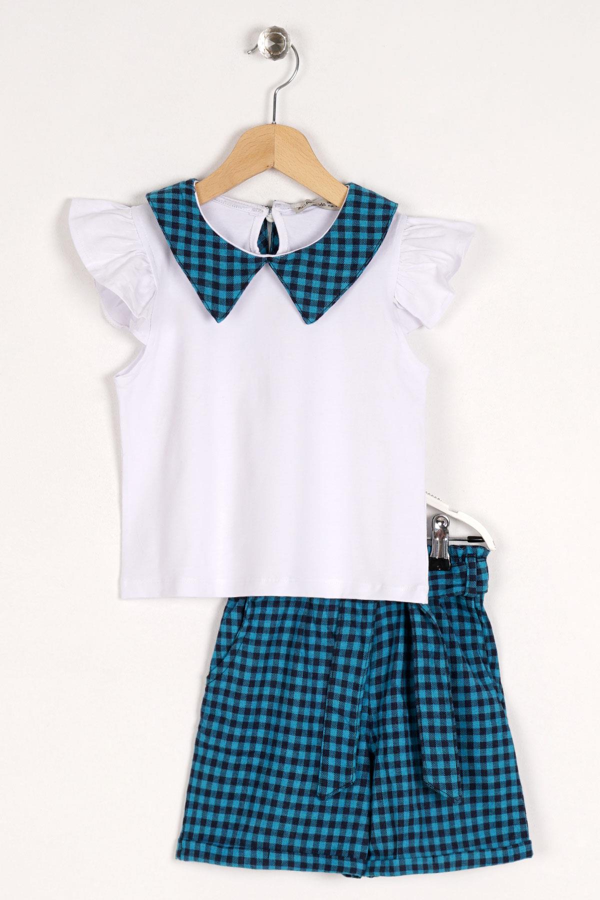 Acar 623036 Kız Cocuk 6-9 Yas Karelı Belı Kusaklı Kol Fırfırlı Sortlu Takım