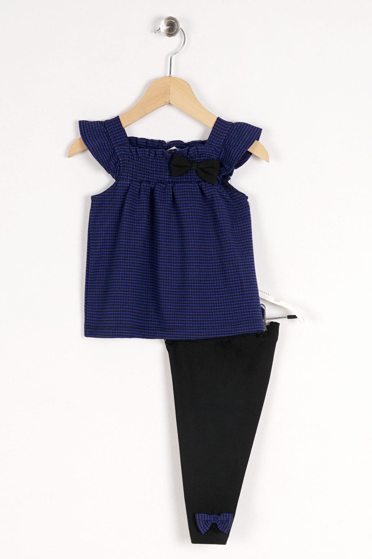 Balıkcı Yaka Sıfır Kol Pıtıkarelı Omuz Detaylı Saks Siyah Renk Kız Çocuk Taytlı Takım